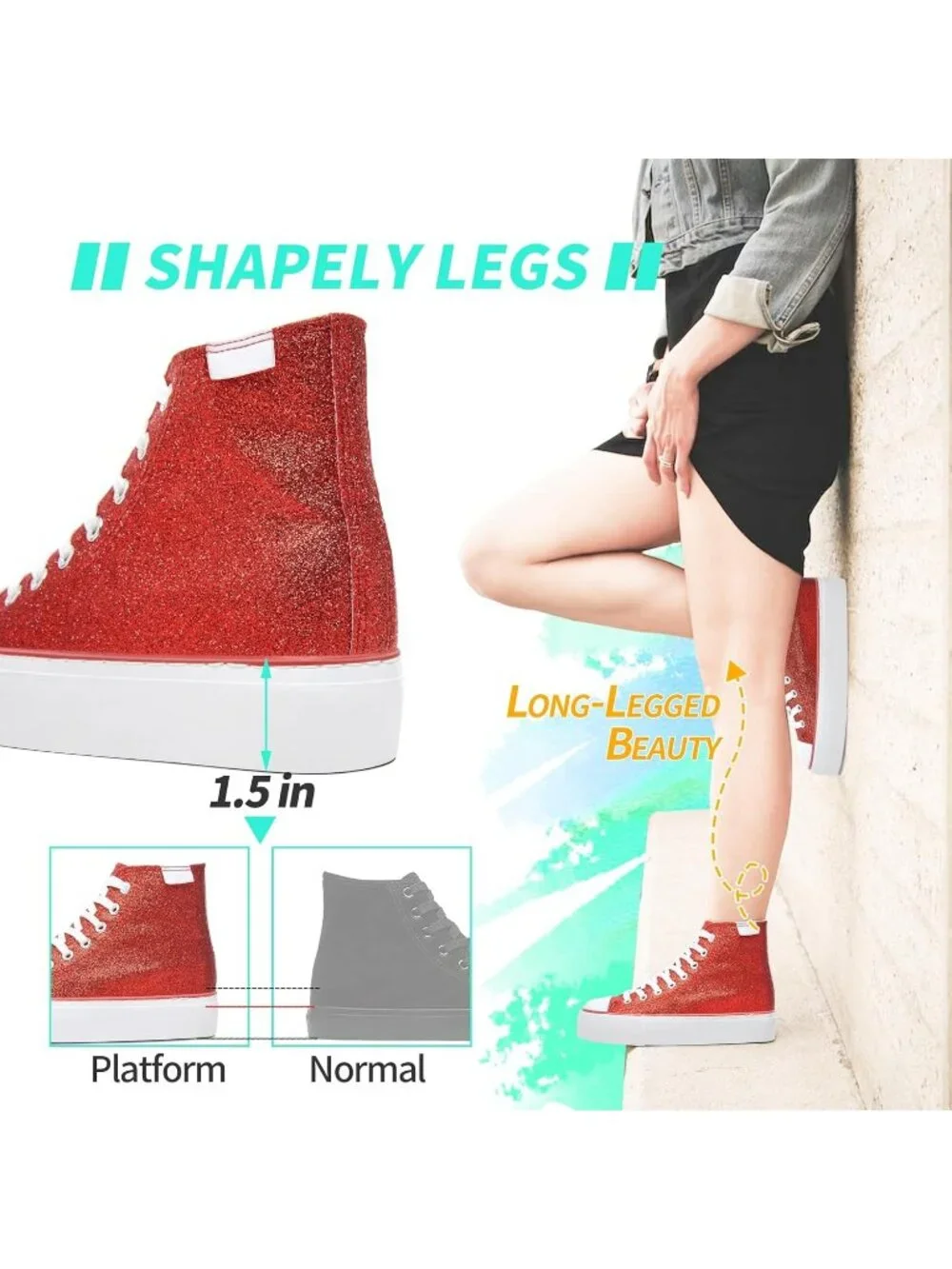 Women's Red Sparkly Bling Mid Calf Glitter Platform Fashion Sneakers - Picture 4 of 6